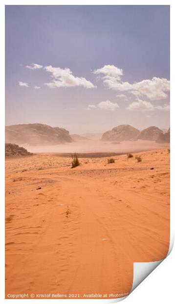 Vertical desert off road track leading into the mountains of Wadi Rum. Print by Kristof Bellens
