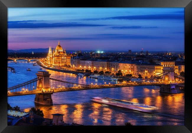 Budapest City in Hungary at Evening Twilight Framed Print by Artur Bogacki