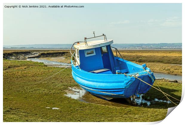 The Blue Boat of Gower On the River Loughor Estuar Print by Nick Jenkins