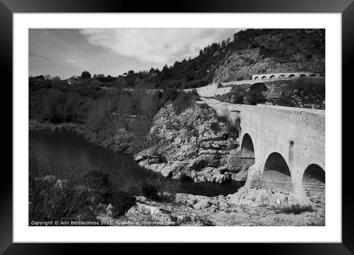 Pont du Diable - Devils Bridge from the top in monochrome Framed Mounted Print by Ann Biddlecombe