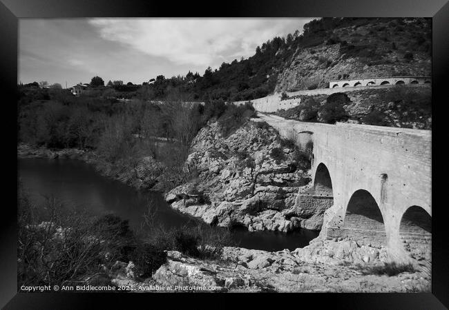 Pont du Diable - Devils Bridge from the top in monochrome Framed Print by Ann Biddlecombe