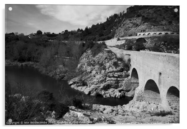 Pont du Diable - Devils Bridge from the top in monochrome Acrylic by Ann Biddlecombe