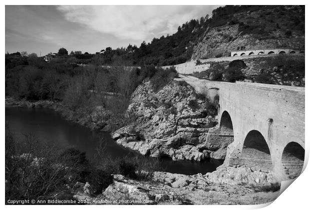 Pont du Diable - Devils Bridge from the top in monochrome Print by Ann Biddlecombe