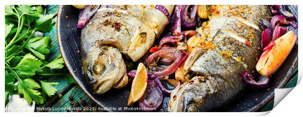 Baked trout with lemon,fish dish Print by Mykola Lunov Mykola