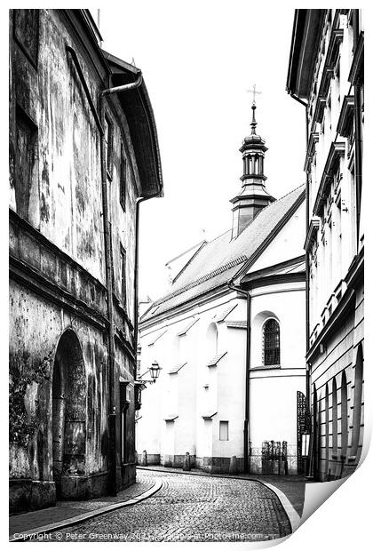 Cobbled Street & A Church In The Old Town In Kracow Print by Peter Greenway