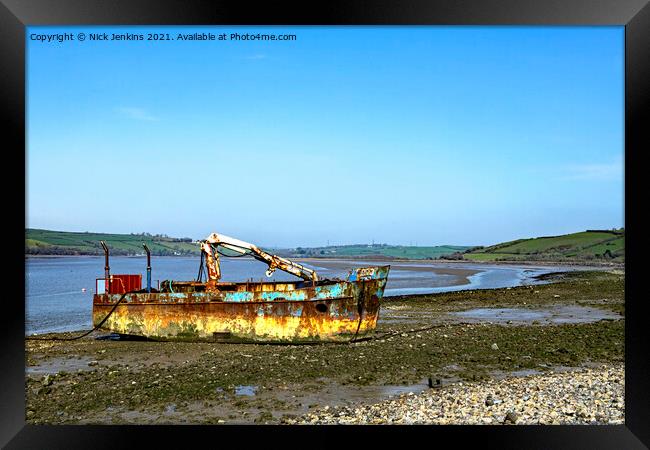 Abandoned Fishing Boat on River Tywi Estuary Framed Print by Nick Jenkins