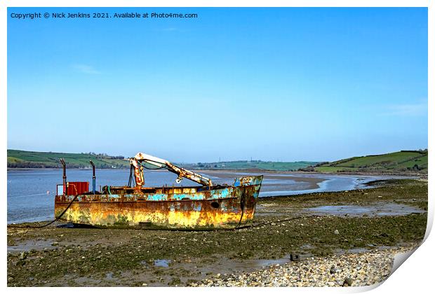 Abandoned Fishing Boat on River Tywi Estuary Print by Nick Jenkins