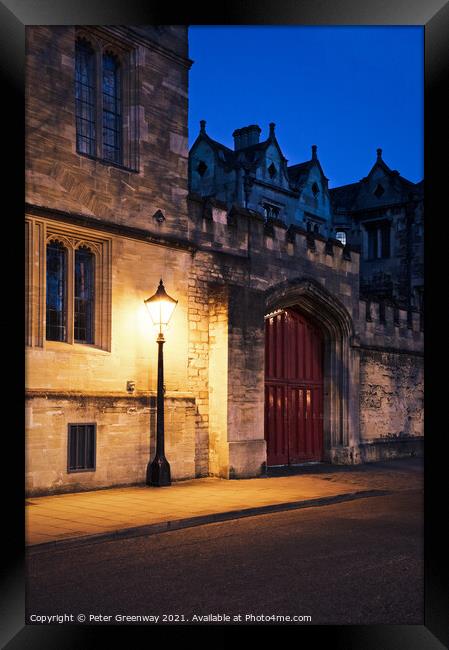 Old Fashioned Street Light Outside St John's University College  Framed Print by Peter Greenway