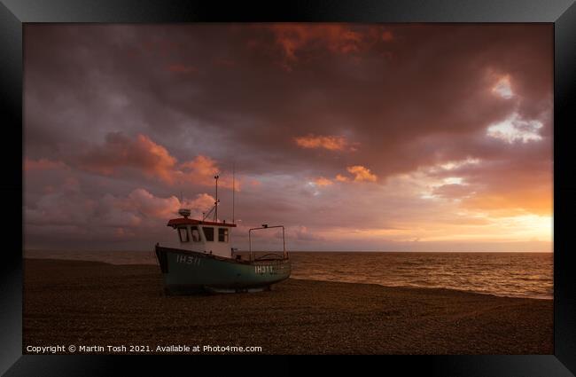 Beached. Fishing boat on shingle beach Framed Print by Martin Tosh