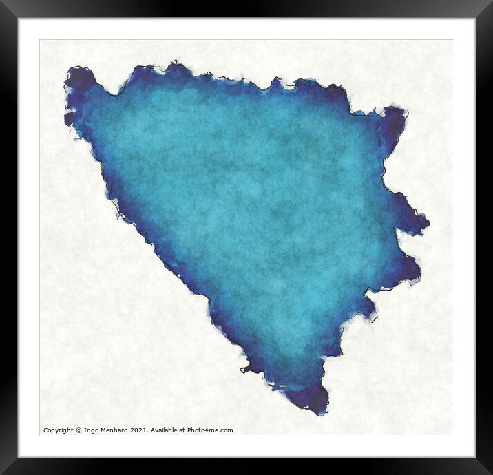 Bosnia and Herzegovina map with drawn lines and blue watercolor  Framed Mounted Print by Ingo Menhard