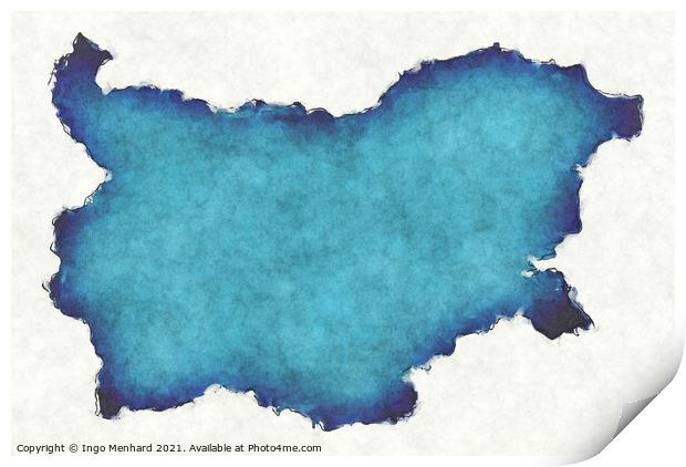 Bulgaria map with drawn lines and blue watercolor illustration Print by Ingo Menhard