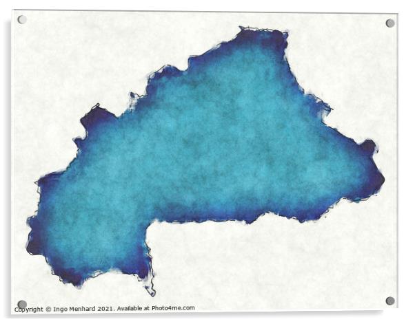 Burkina Faso map with drawn lines and blue watercolor illustrati Acrylic by Ingo Menhard