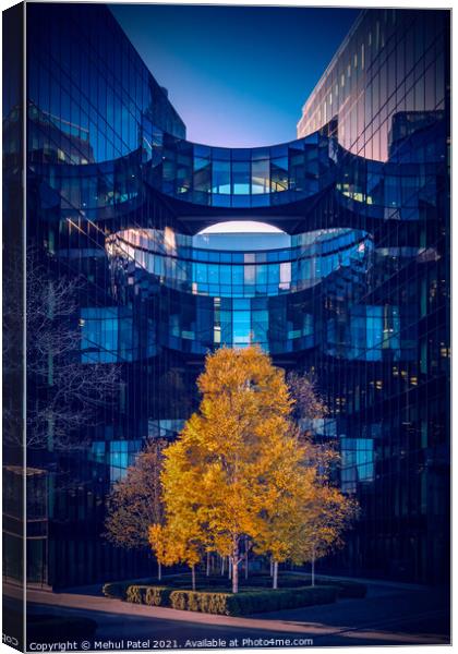 Bright tree leaves against modern office building exterior, London Bridge City, London, England, UK. Canvas Print by Mehul Patel