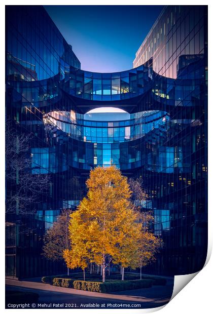 Bright tree leaves against modern office building exterior, London Bridge City, London, England, UK. Print by Mehul Patel