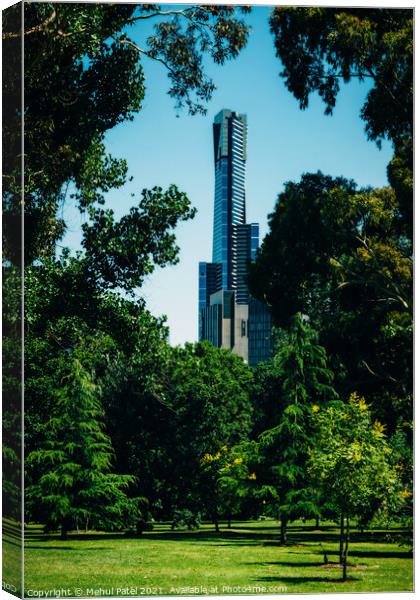 Eureka Tower seen from Kings Domain, a scenic park in the city of Melbourne, Victoria, Australia Canvas Print by Mehul Patel