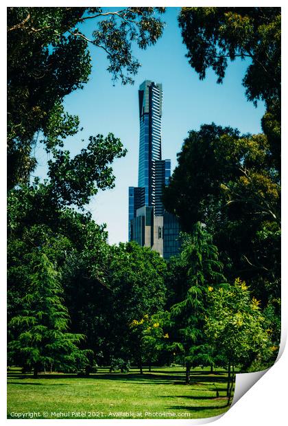 Eureka Tower seen from Kings Domain, a scenic park in the city of Melbourne, Victoria, Australia Print by Mehul Patel