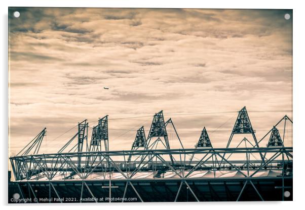 Airplane flying over the 2012 Olympic Stadium in Stratford, London, England, UK Acrylic by Mehul Patel