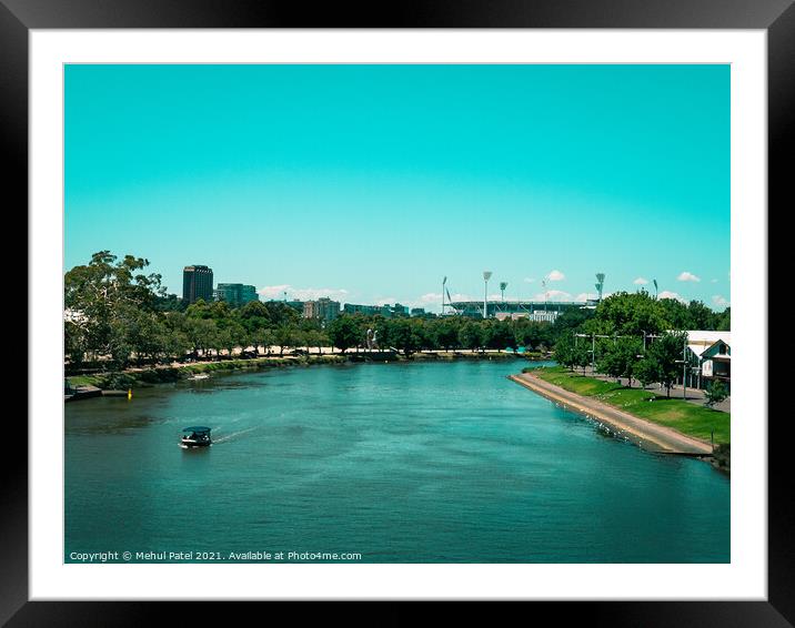 Split toned image of the Yarra river with the Melbourne Cricket Ground in the distance. Digital paintbrush effect applied to image. Framed Mounted Print by Mehul Patel