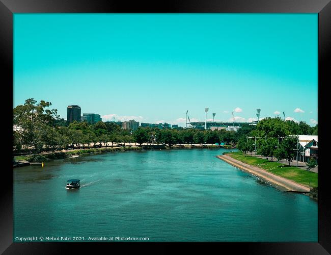 Split toned image of the Yarra river with the Melbourne Cricket Ground in the distance. Digital paintbrush effect applied to image. Framed Print by Mehul Patel