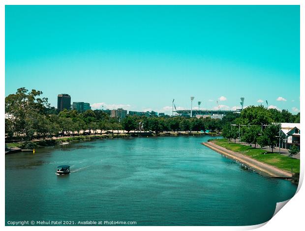 Split toned image of the Yarra river with the Melbourne Cricket Ground in the distance. Digital paintbrush effect applied to image. Print by Mehul Patel