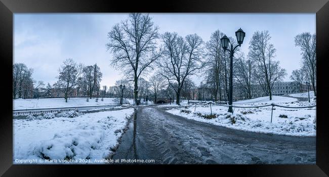 Covered in snow city park in winter in Riga, Latvia Framed Print by Maria Vonotna