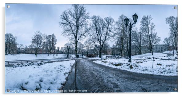 Covered in snow city park in winter in Riga, Latvia Acrylic by Maria Vonotna