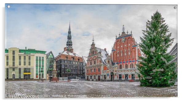Town Hall square with House of the Blackheads and Christmas tree Acrylic by Maria Vonotna
