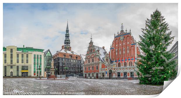 Town Hall square with House of the Blackheads and Christmas tree Print by Maria Vonotna
