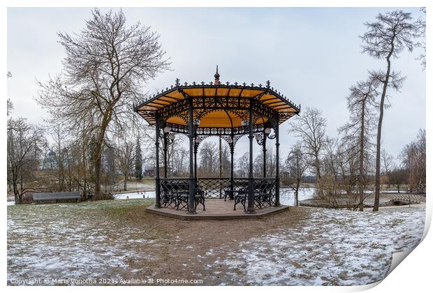 Metal openwork gazebo in public park in winter Print by Maria Vonotna
