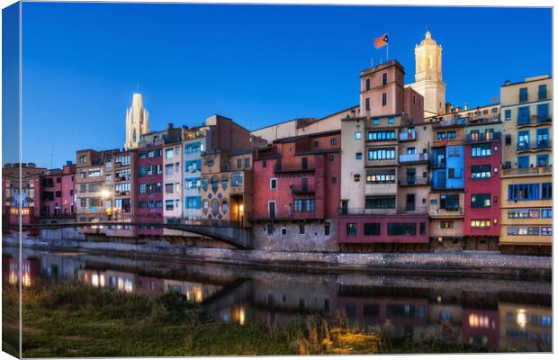 Girona City Riverside Houses At Dusk Canvas Print by Artur Bogacki