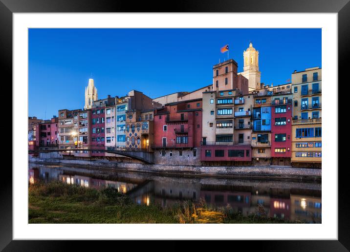 Girona City Riverside Houses At Dusk Framed Mounted Print by Artur Bogacki