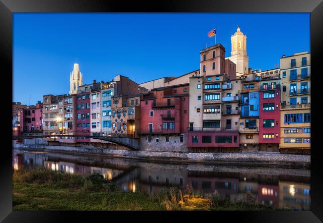 Girona City Riverside Houses At Dusk Framed Print by Artur Bogacki