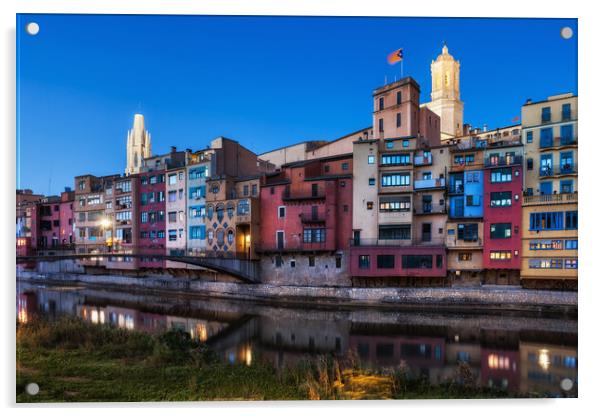 Girona City Riverside Houses At Dusk Acrylic by Artur Bogacki