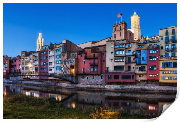 Girona City Riverside Houses At Dusk Print by Artur Bogacki