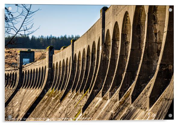 The architecture of Clatteringshaws Dam, with arches along the top of the dam Acrylic by SnapT Photography