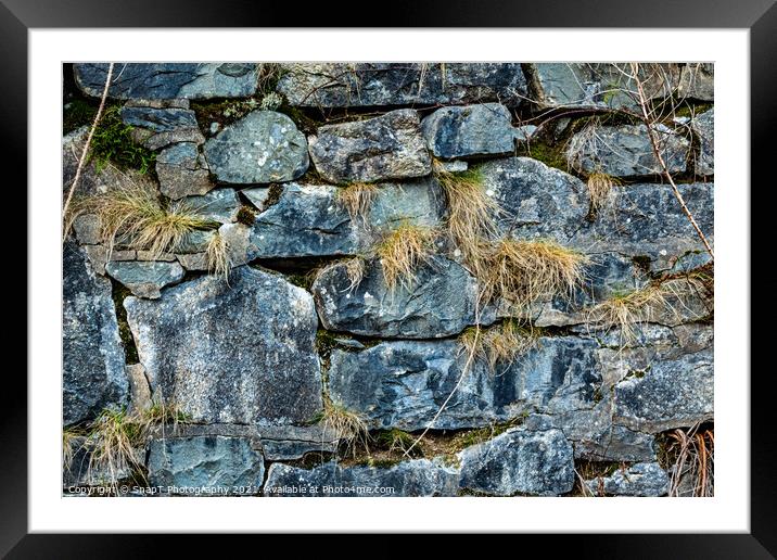 Abstract of an old Scottish drystone wall or dyke, with moss and grass growing Framed Mounted Print by SnapT Photography