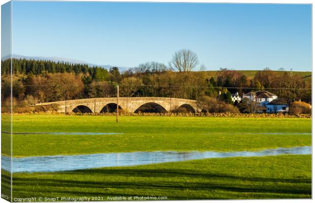A flooded green field and the Ken Bridge at New Galloway, Scotland Canvas Print by SnapT Photography