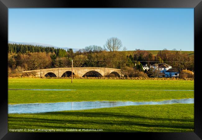 A flooded green field and the Ken Bridge at New Galloway, Scotland Framed Print by SnapT Photography