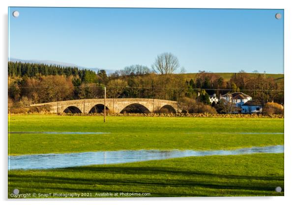 A flooded green field and the Ken Bridge at New Galloway, Scotland Acrylic by SnapT Photography