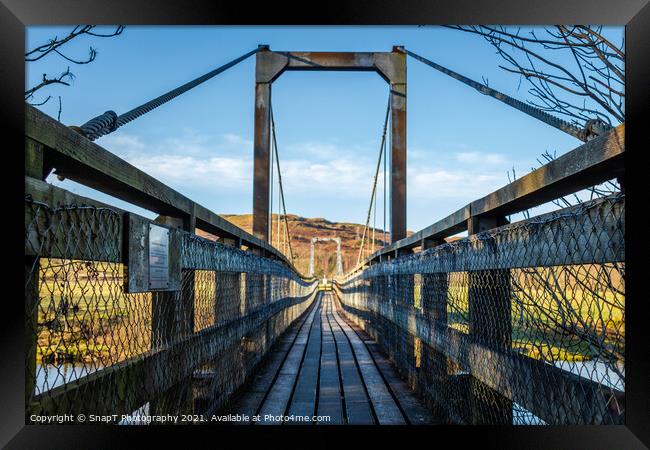 Boat Weil Wooden Suspension Bridge over the Water of Ken, Scotland Framed Print by SnapT Photography