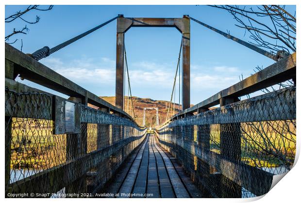 Boat Weil Wooden Suspension Bridge over the Water of Ken, Scotland Print by SnapT Photography