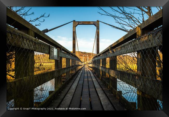Boat Weil Wooden Suspension Bridge over the Water of Ken, Scotland Framed Print by SnapT Photography