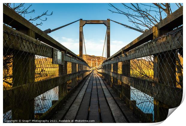 Boat Weil Wooden Suspension Bridge over the Water of Ken, Scotland Print by SnapT Photography