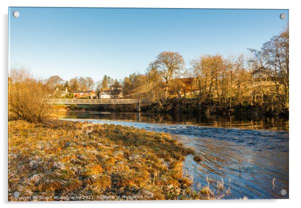 Winter scene on a scottish River, the Water of Ken, with a suspension bridge Acrylic by SnapT Photography