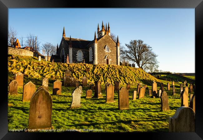 Dalry Parish Church and Graveyard at sunset, Dumfries and Galloway, Scotland Framed Print by SnapT Photography