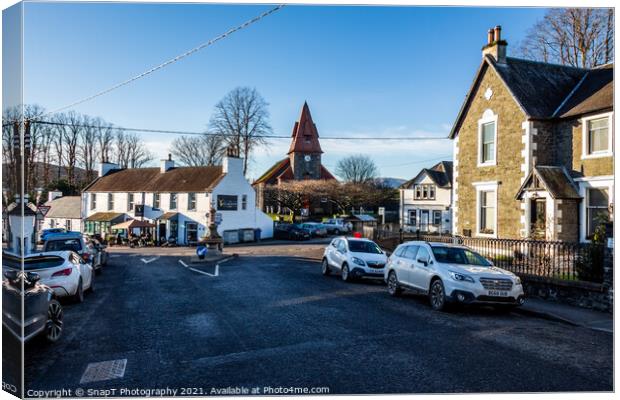Town centre of Dalry with Clachan Inn, bank, parish church in the background Canvas Print by SnapT Photography