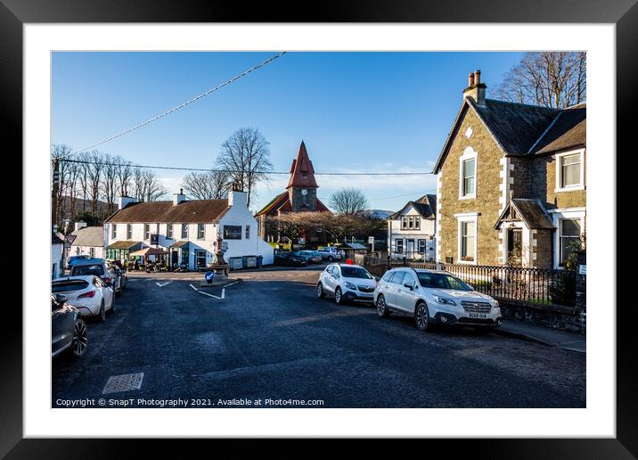 Town centre of Dalry with Clachan Inn, bank, parish church in the background Framed Mounted Print by SnapT Photography