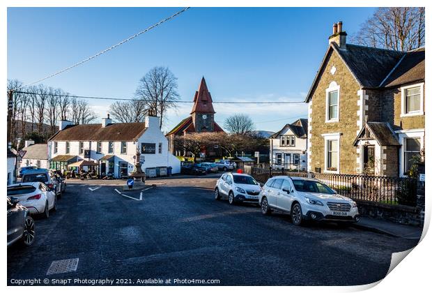 Town centre of Dalry with Clachan Inn, bank, parish church in the background Print by SnapT Photography