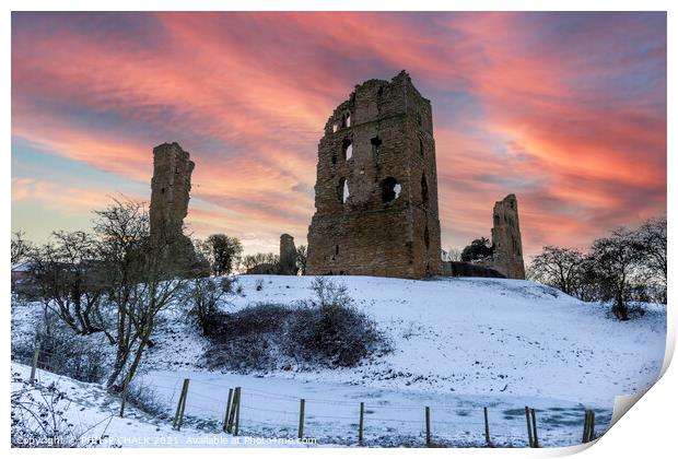 Sherriff Hutton castle near York on a winters sunr Print by PHILIP CHALK