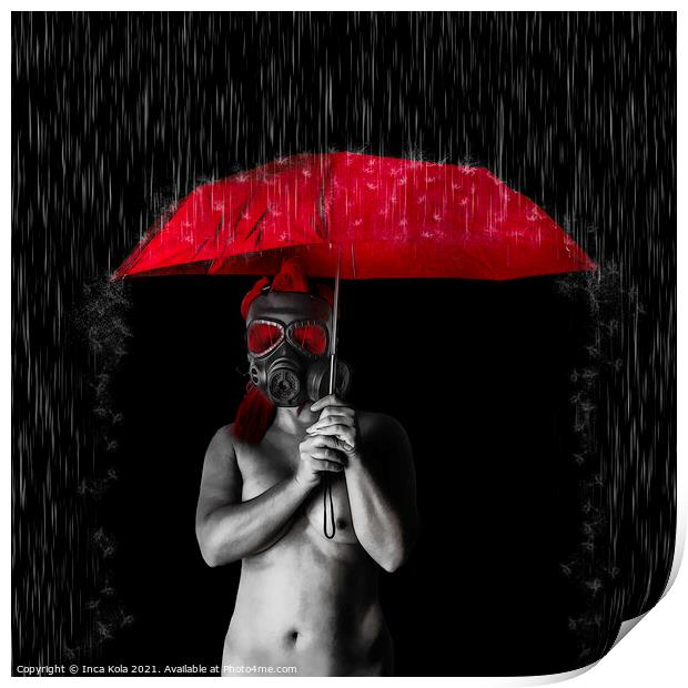 Nude Goth Under A Red Umbrella Print by Inca Kala